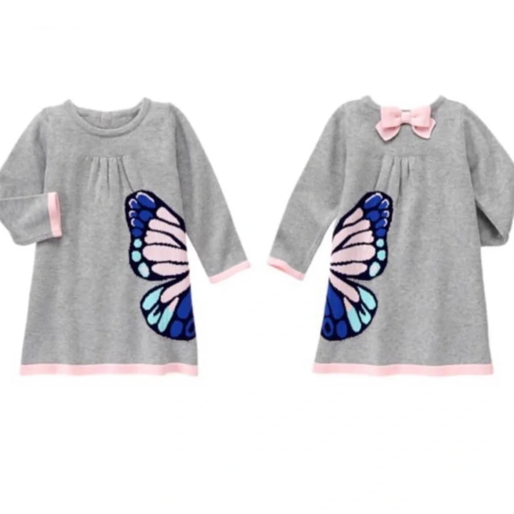 Gymboree Butterfly Sweater Dress Gray Pink Size 12-18 Months
